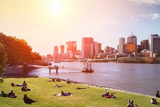 Sustainable, cityscape with people enjoying the sun